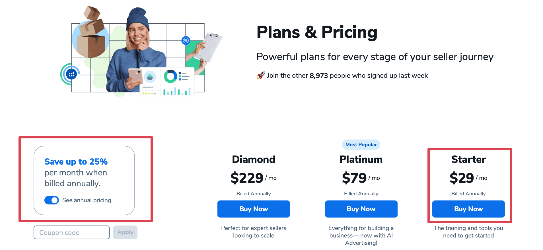 Helium 10 offers a discount on the Starter plan if you choose the annual billing option