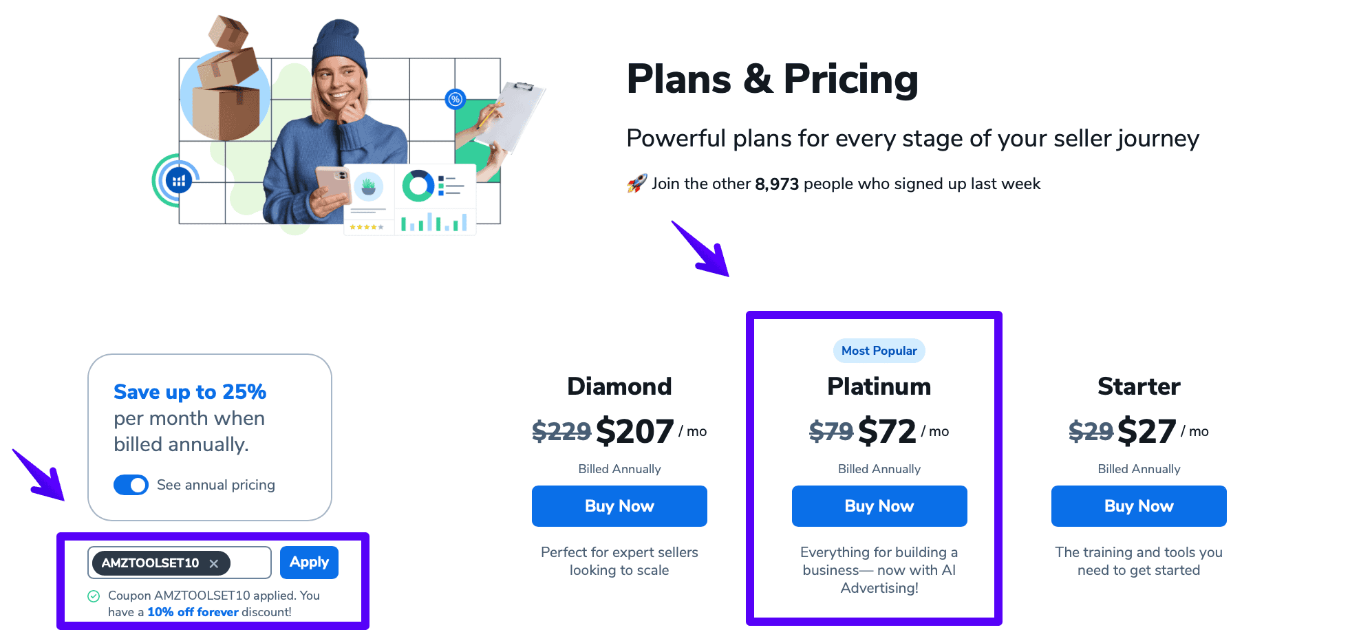 Helium 10 Platinum plan with a discount applied