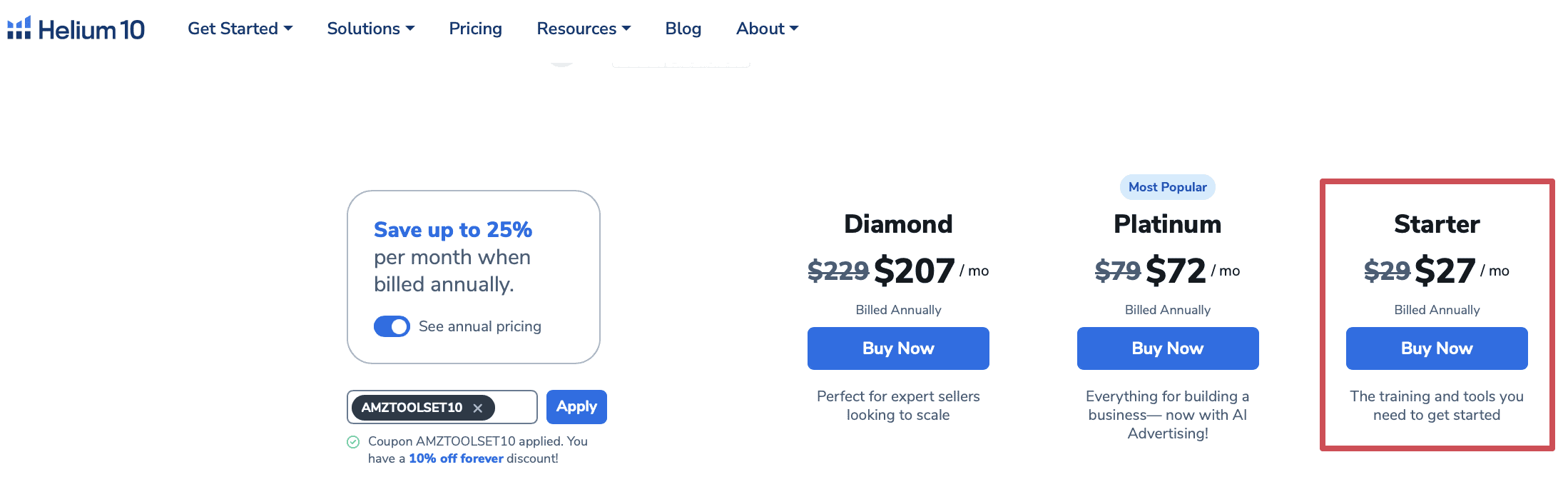 Helium 10 pricing page showing the Starter plan tier