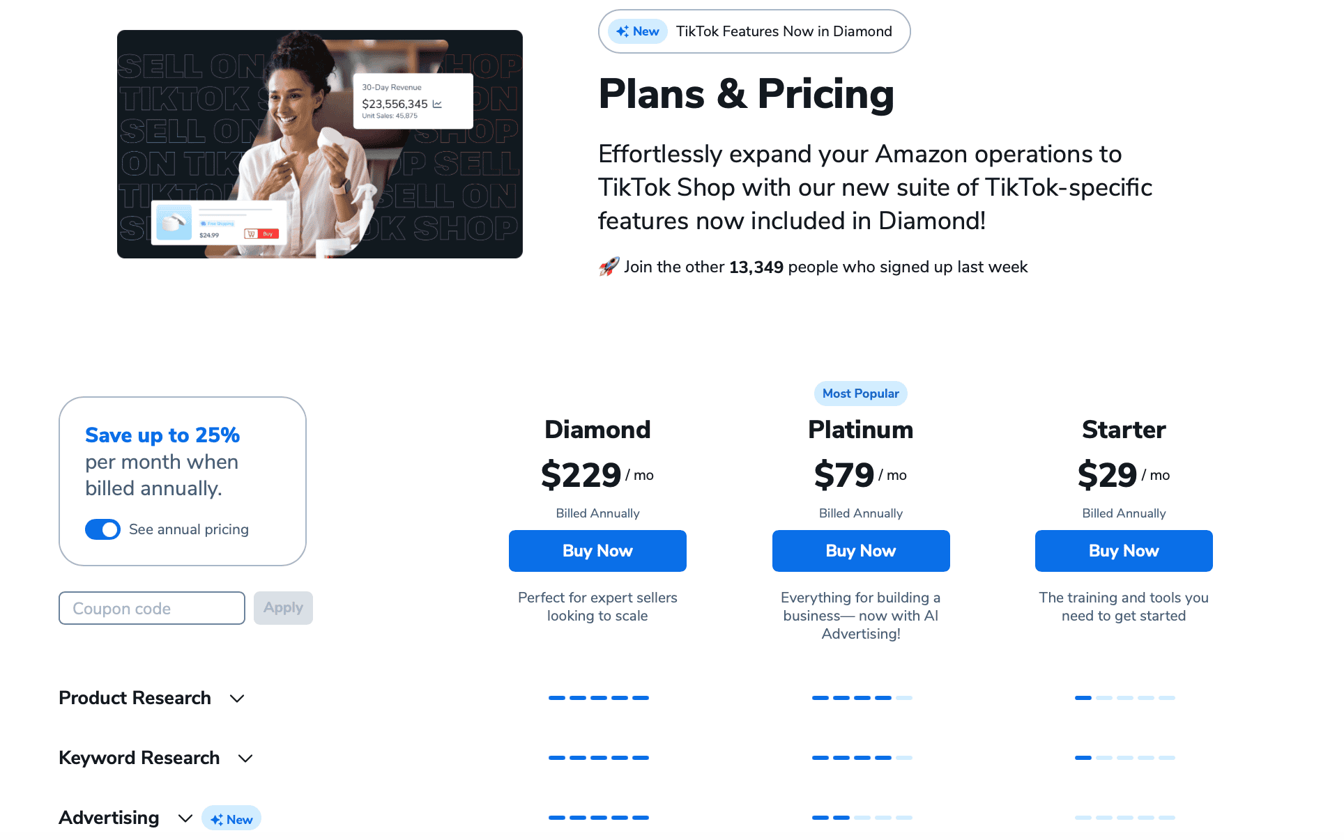Helium 10 Diamond plan pricing table showing $229 per month on annual billing versus $279 month to month