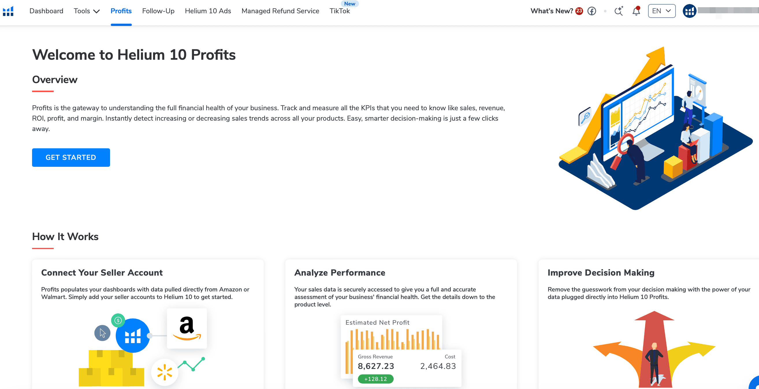 Helium 10 Profits dashboard showing revenue, net profit, and order metrics for an Amazon seller account